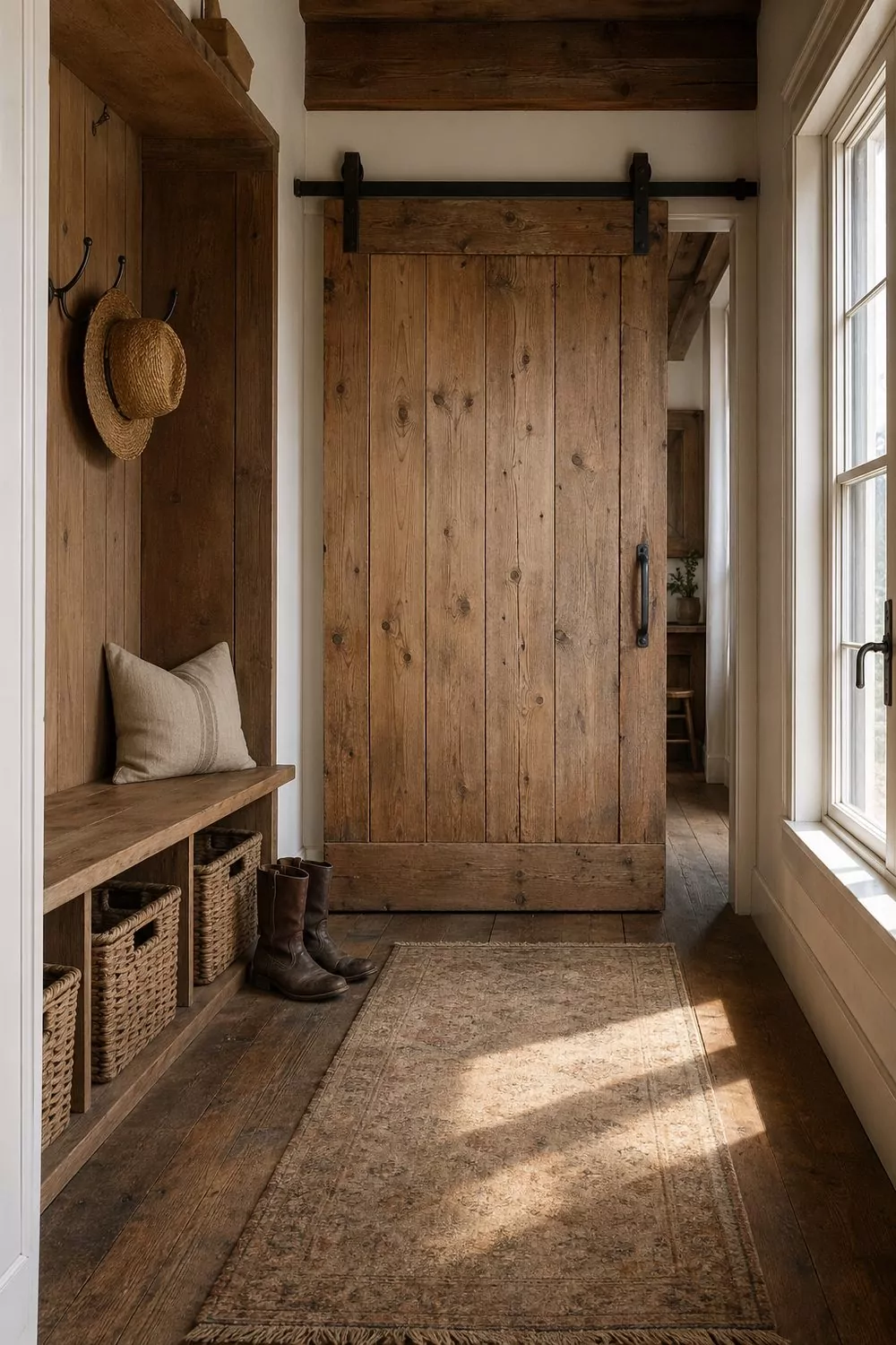 Sliding barn door mudroom entry with reclaimed pine plank door on black iron track, oak built in bench with hooks, woven seagrass baskets, leather boots, runner rug