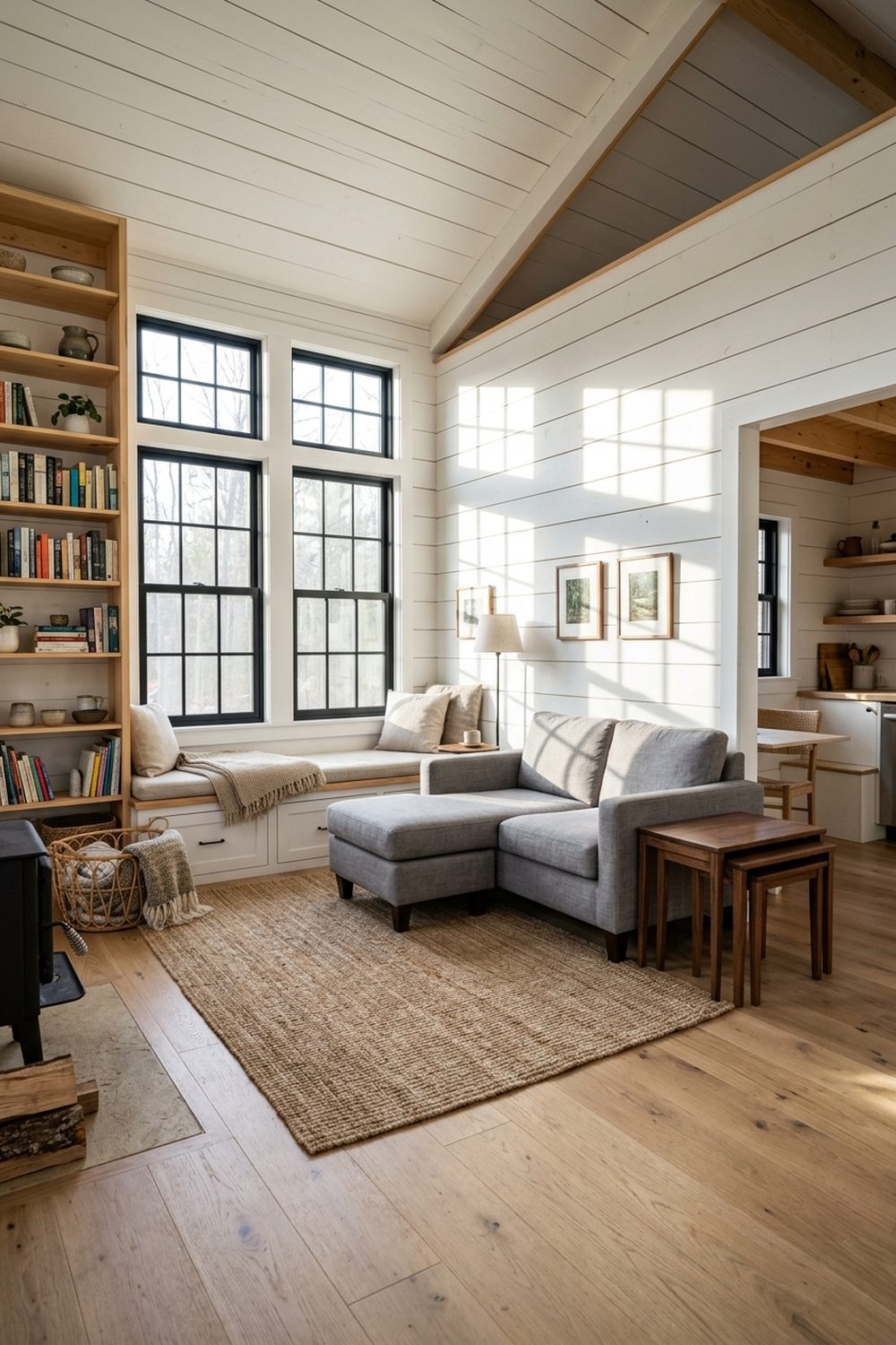 Small cabin open floor plan living space with white shiplap walls, compact gray sectional, window bench with storage, and natural jute rug on white oak floors