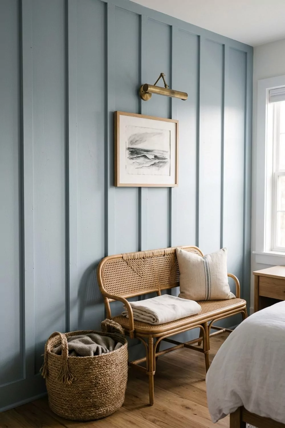 Soft blue gray board and batten accent wall in a cozy nursery corner, vertical battens in crisp eggshell paint, brass picture light, woven basket, rattan pendant