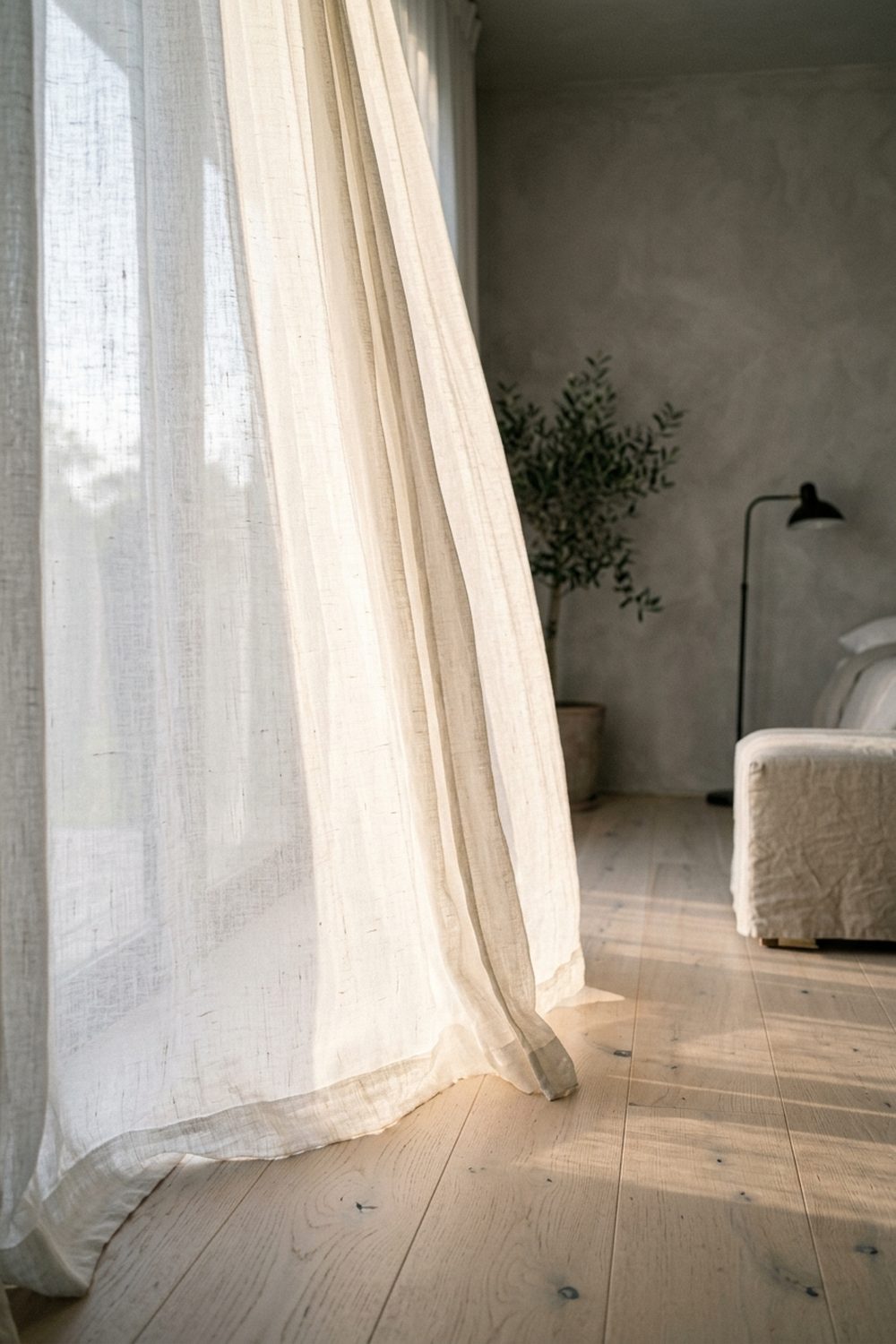 Soft white sheer linen japandi curtains glowing with afternoon light in a serene bedroom with pale oak floors and linen bench