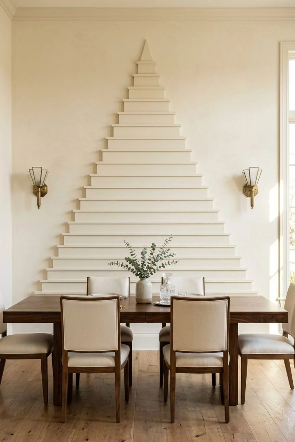 Dining room with a symmetric cream stepped ziggurat pyramid molding rising up the wall, flanked by brass art deco sconces with walnut table and linen chairs