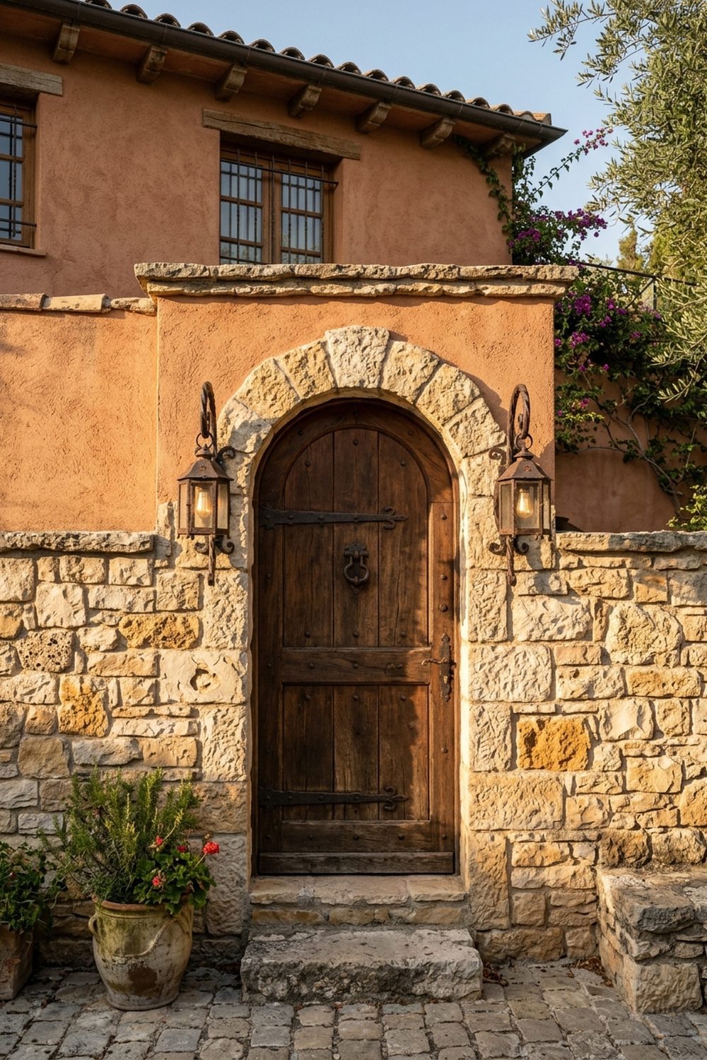 Stucco and stone combination wainscoting on Mediterranean home exterior with arched doorway and wrought iron sconces