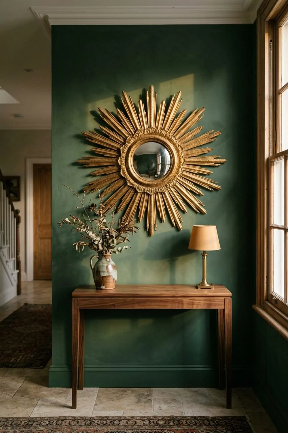 Gilded sunburst mirror with sculptural brass rays on a deep forest green wall above a walnut console in an art deco entry hall