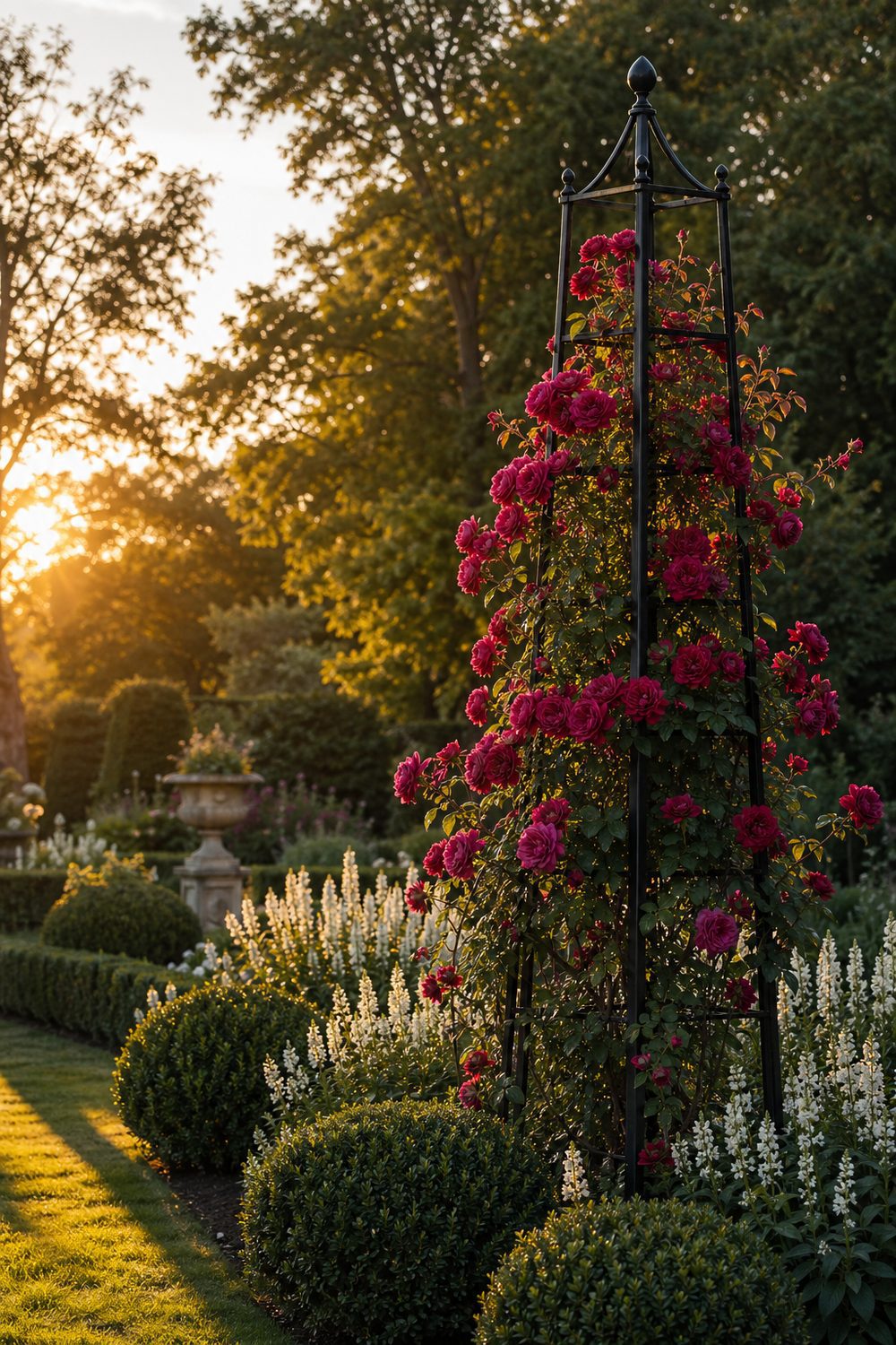 Tall black metal obelisk trellis with a deep magenta climbing rose spiraling up the structure, anchoring a formal garden bed in golden hour light