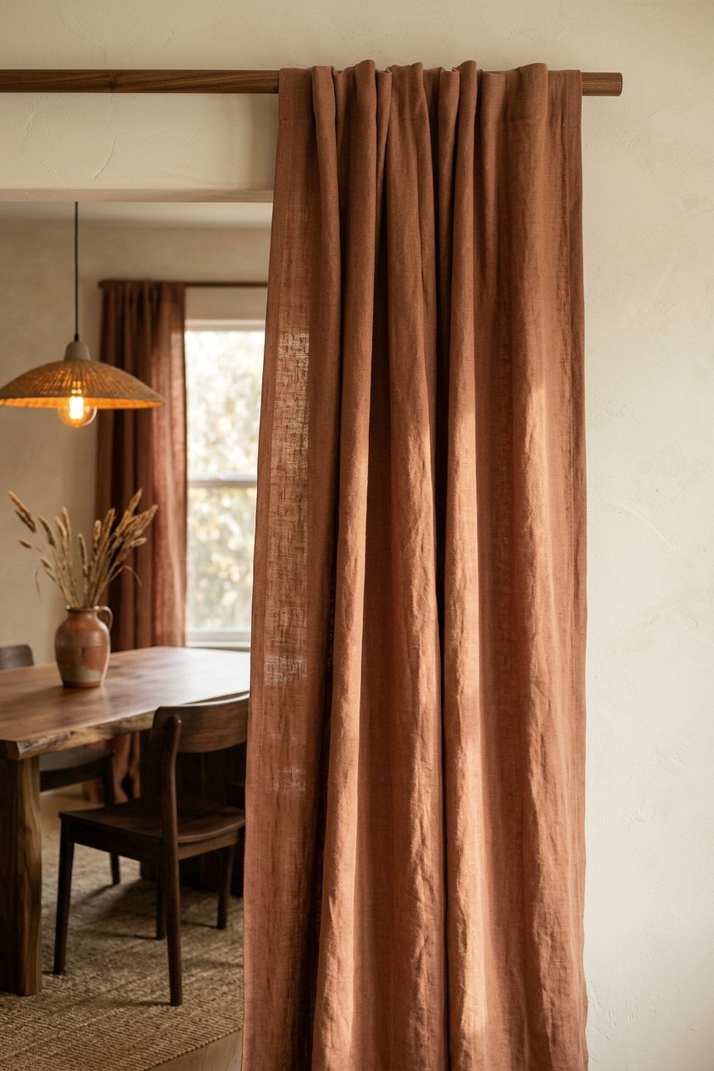 Muted terracotta clay toned linen japandi curtains on a walnut rod in a dining room with cream walls, walnut table, and ceramic pendant