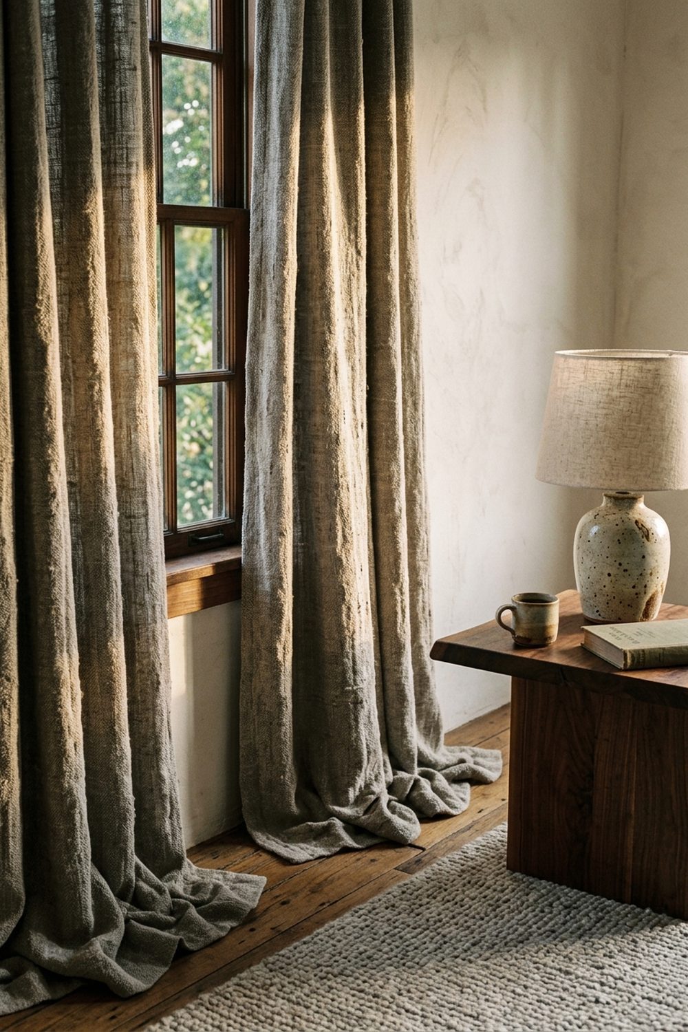 Textured rough linen japandi drapes with visible slubs in a reading corner with walnut table, stoneware lamp, and wool rug