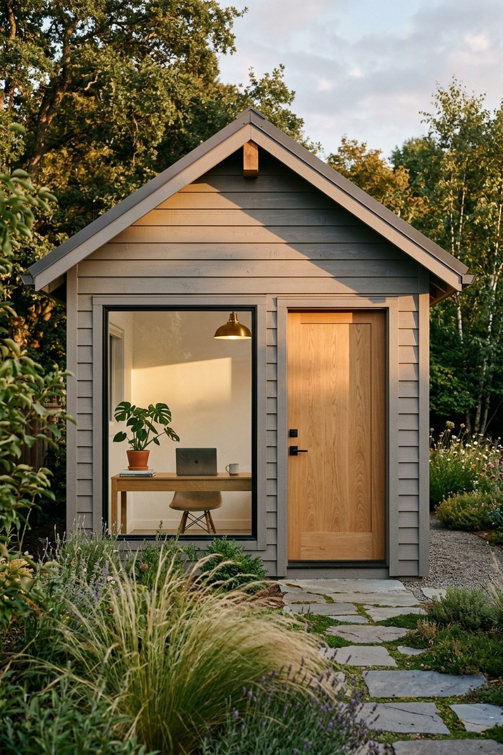 Small modern farmhouse shed home office with dove gray lap siding, natural oak door, large black framed picture window showing a desk and brass pendant