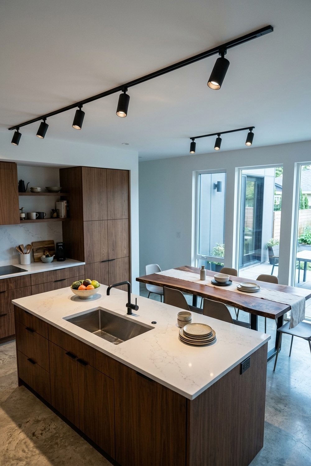 Slim matte black ceiling track with five cylinder track heads angled over a quartz island and live edge dining table in an open concept kitchen