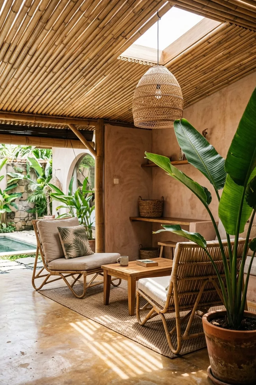 Tropical bamboo pool cabana with lashed bamboo ceiling, rattan lounge chairs, woven pendant lamp and bird of paradise plant
