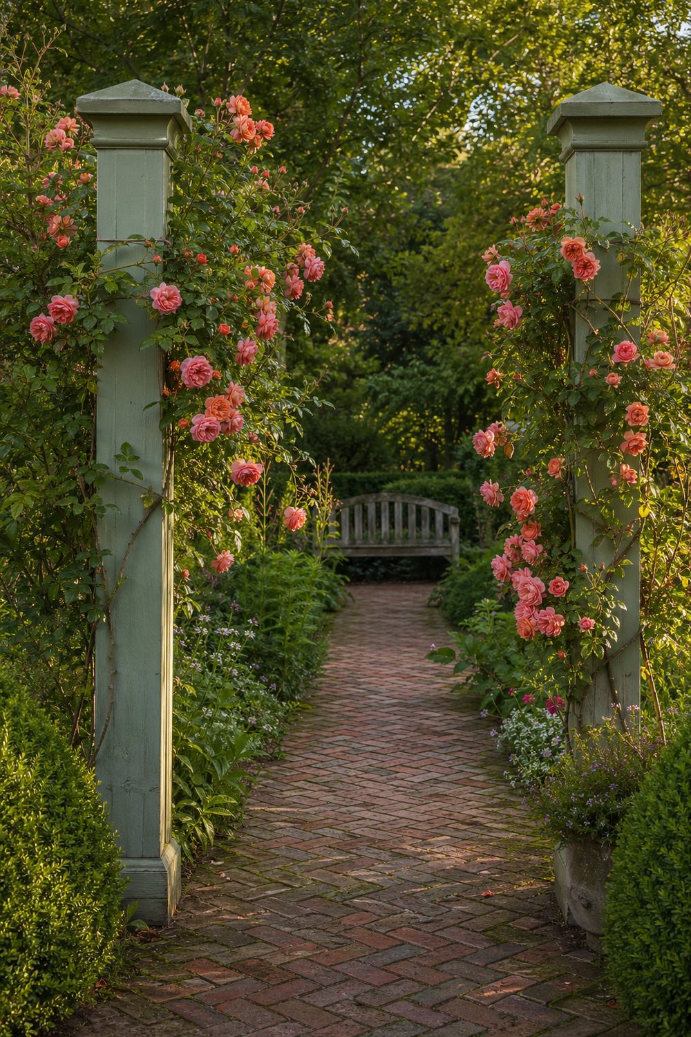 Twin painted wood pillar rose trellises framing a brick garden pathway with cascading coral climbing roses at golden hour with warm ambient light