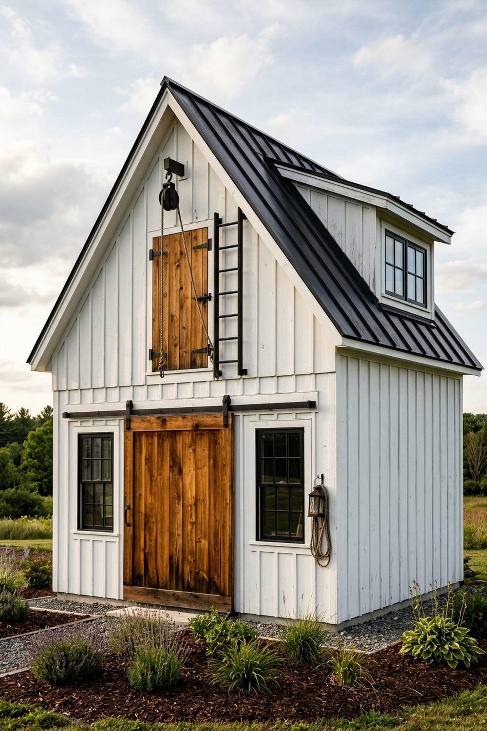 Two story white farmhouse storage shed with board and batten siding, black standing seam roof, cedar sliding barn door and a loft hoist pulley above