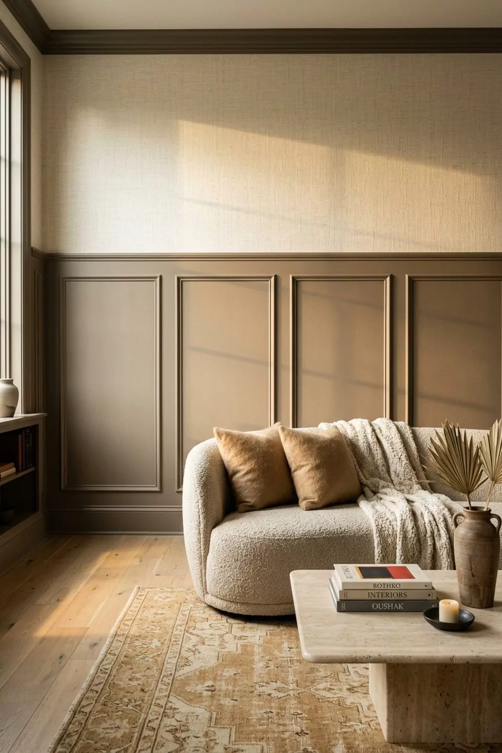 Quiet luxury living room with deep mushroom raised-panel wainscoting and pale linen-look textured wallpaper above with a curved sofa