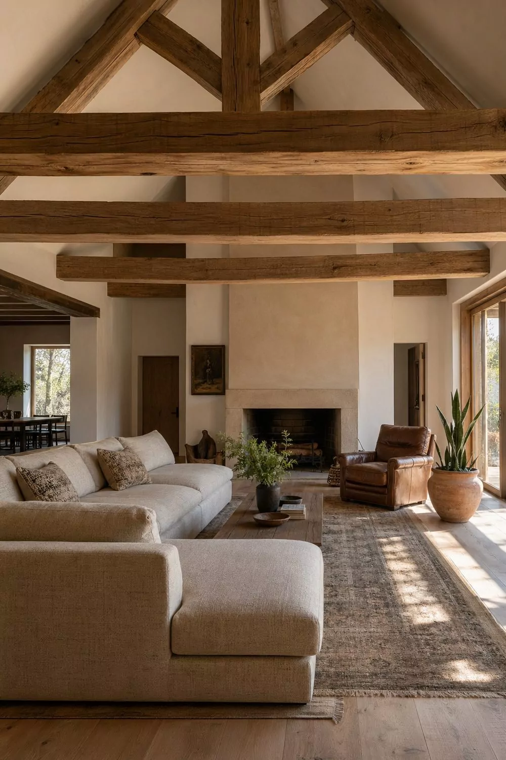 Vaulted ceiling barn living room with hand-hewn oak beams, oatmeal linen sectional, leather lounge chair, wool rug on white oak floors, terracotta planter