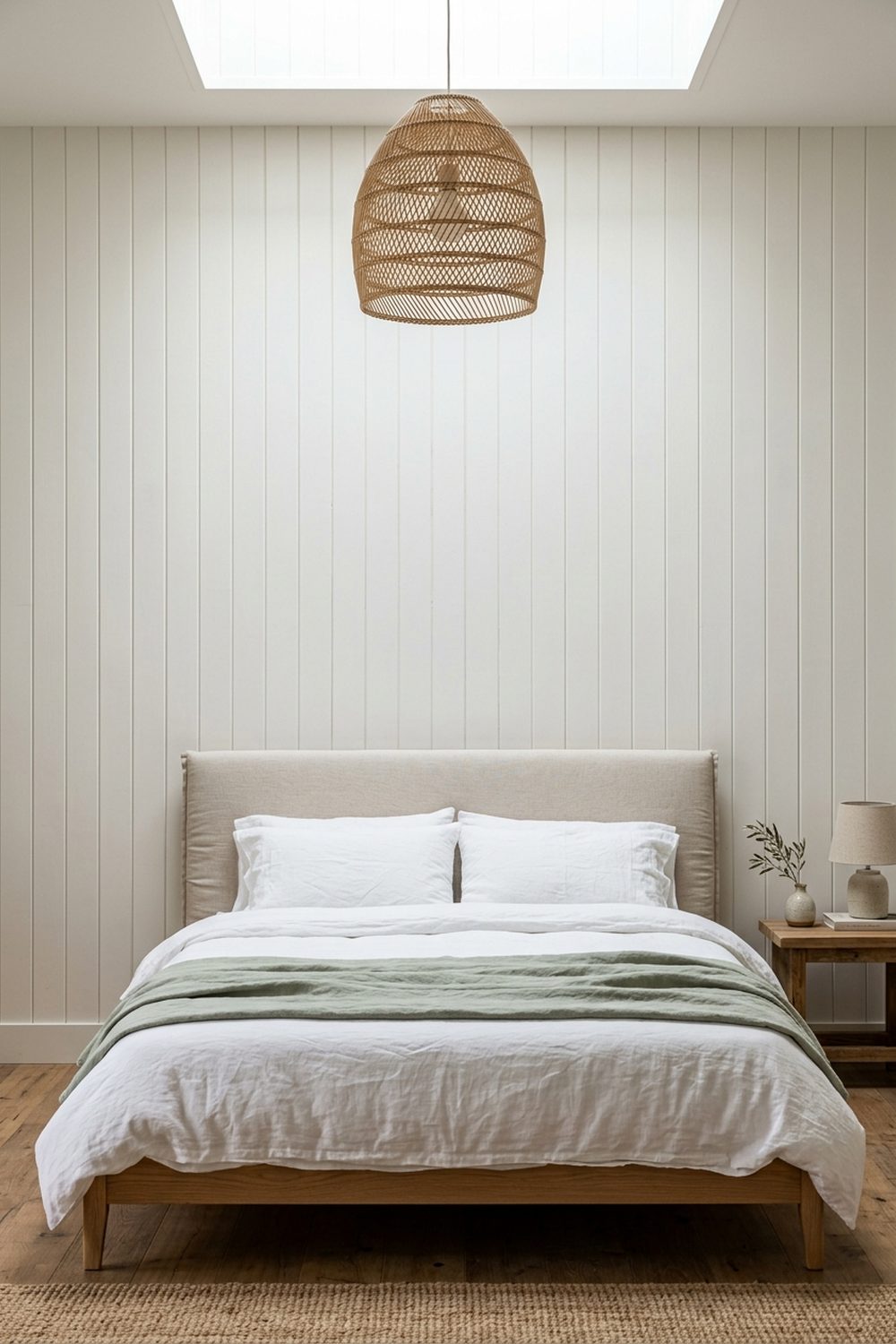 Vertical tongue and groove coastal accent wall behind a low bed in warm white paint, narrow plank seams, pale sand headboard, linen bedding, rattan pendant