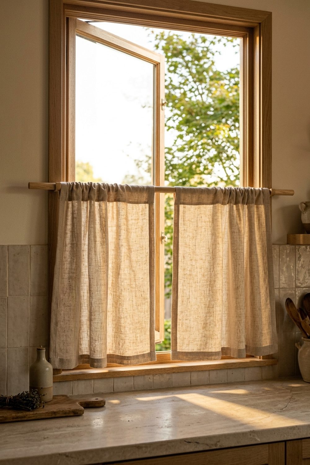 Warm beige linen japandi cafe curtains on a natural oak rod in a sunlit kitchen window with stone counter and oatmeal tile