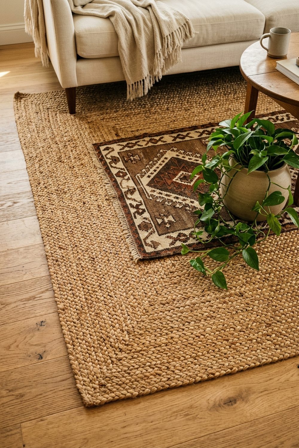 Warm brown braided jute rug with layered kilim and trailing pothos plant on light oak flooring in a living room
