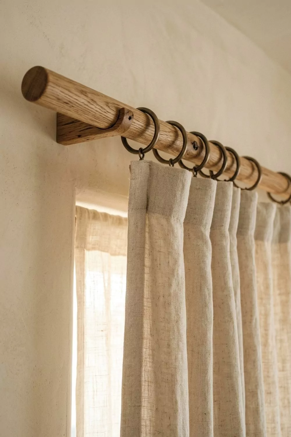 Warm natural oak japandi curtain rod with antique bronze rings holding soft linen drapes above a tall window
