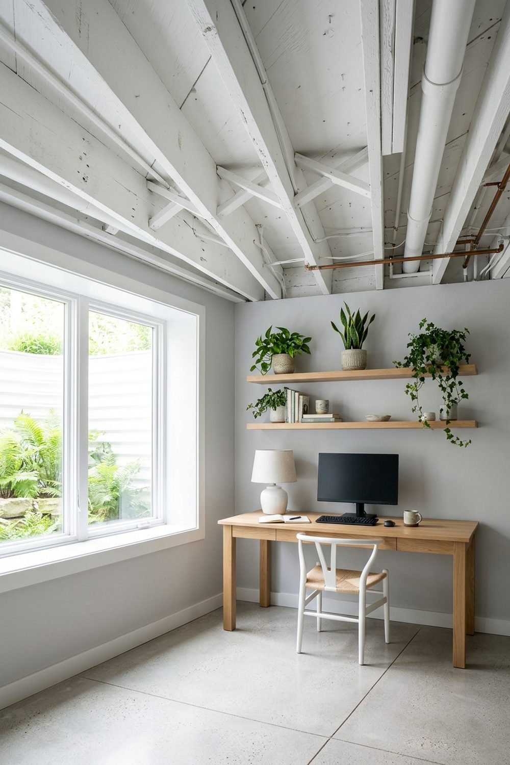 White Painted Open Joist Basement Ceiling Bright basement with white painted open joist ceiling above a light oak desk and potted plants