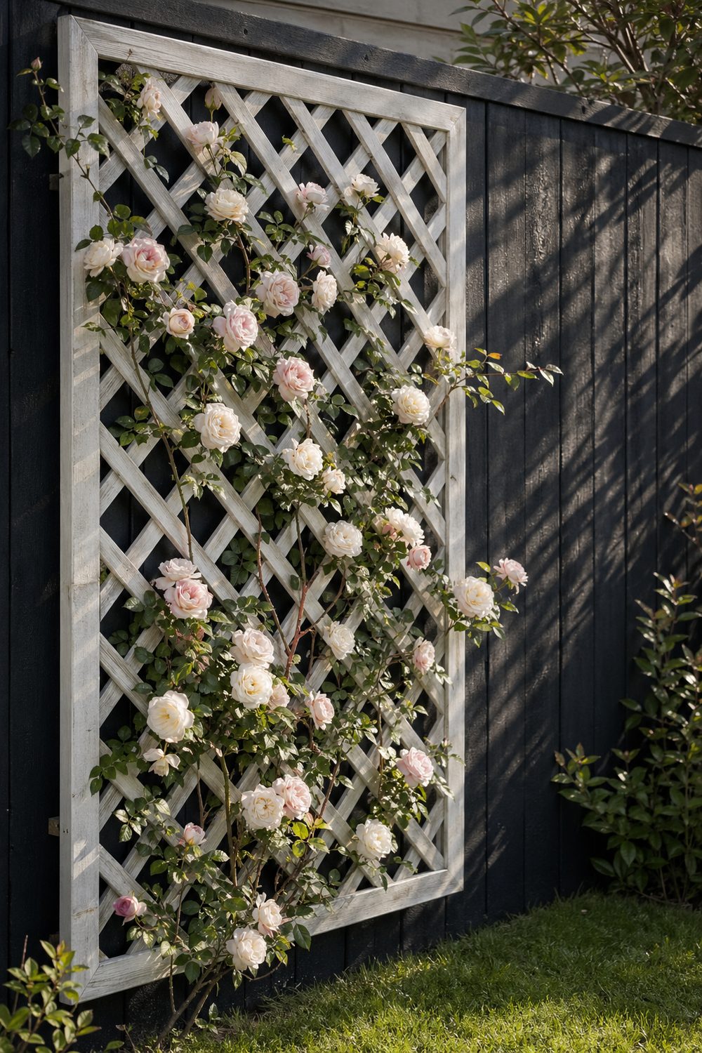 Whitewashed wooden lattice trellis on a cottage garden wall with white and pale pink climbing roses cascading down in afternoon sunlight