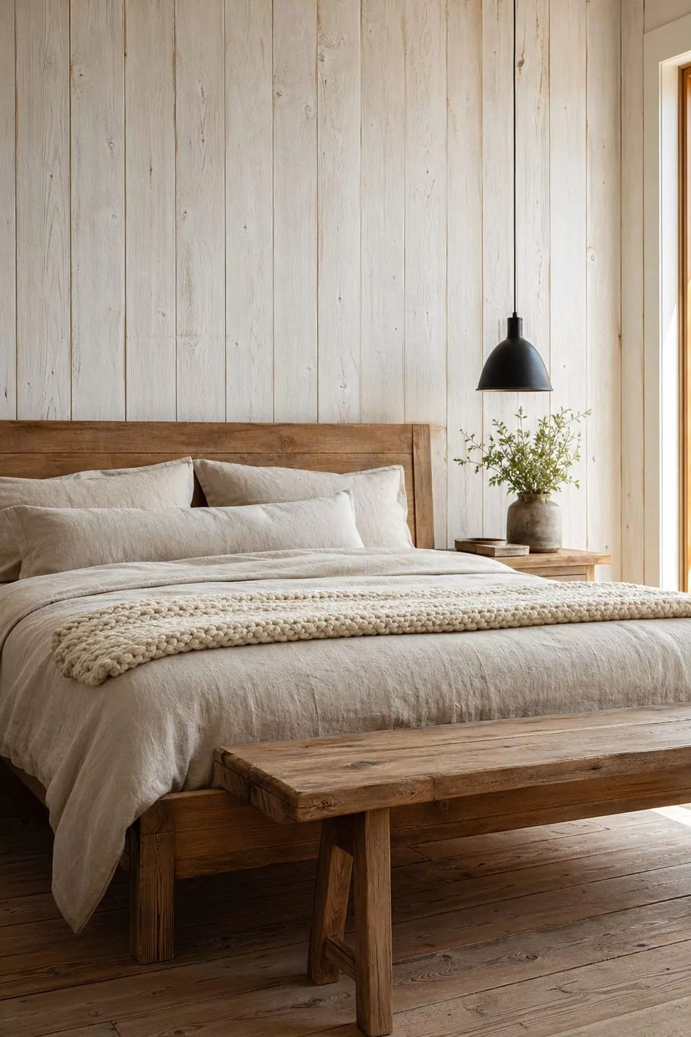 Whitewashed vertical plank barn bedroom wall, natural oak bed with oatmeal linen bedding, chunky wool throw, matte black pendant lamp, oak bench