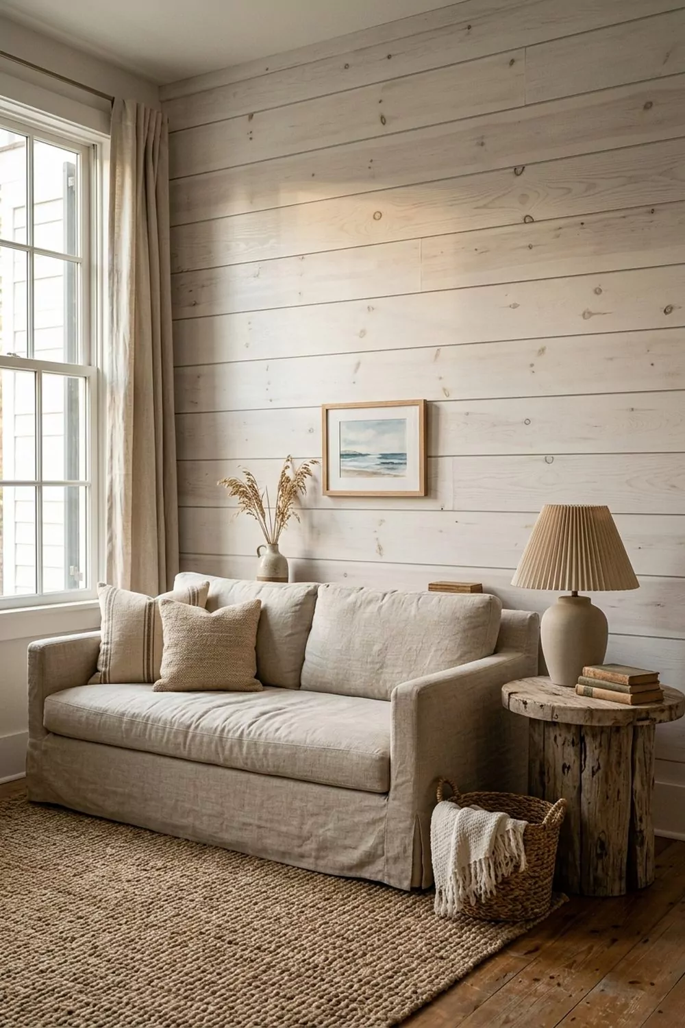 Whitewashed shiplap coastal accent wall behind a neutral linen slipcovered sofa, wide horizontal boards with soft grain showing, sand colored area rug, driftwood side table with a ceramic lamp