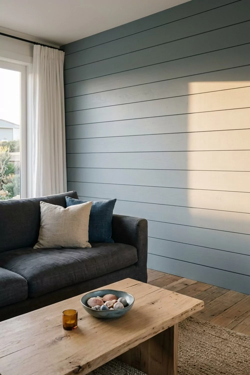 Wide horizontal plank coastal accent wall in misty blue gray paint behind a deep charcoal linen sofa, pale oak coffee table, clean modern coastal living room with a tall windowed view