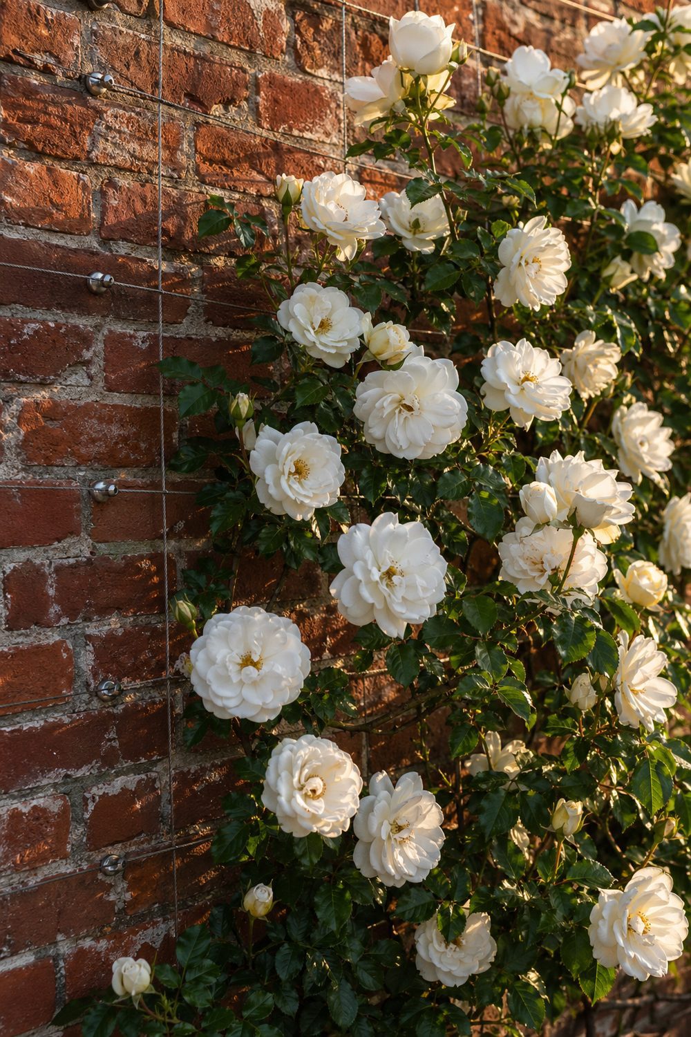 Stainless steel wire grid trellis on aged red brick wall with white climbing roses trained across the grid, golden hour garden detail