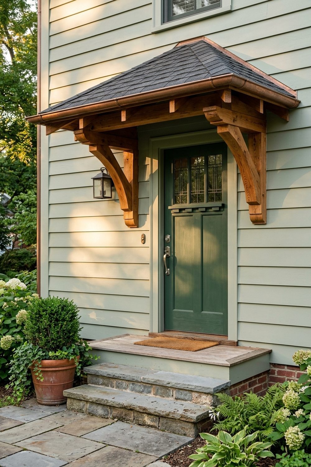 Wooden bracket front door awning with chunky cedar corbels over a forest green door with bluestone steps and sage clapboard siding