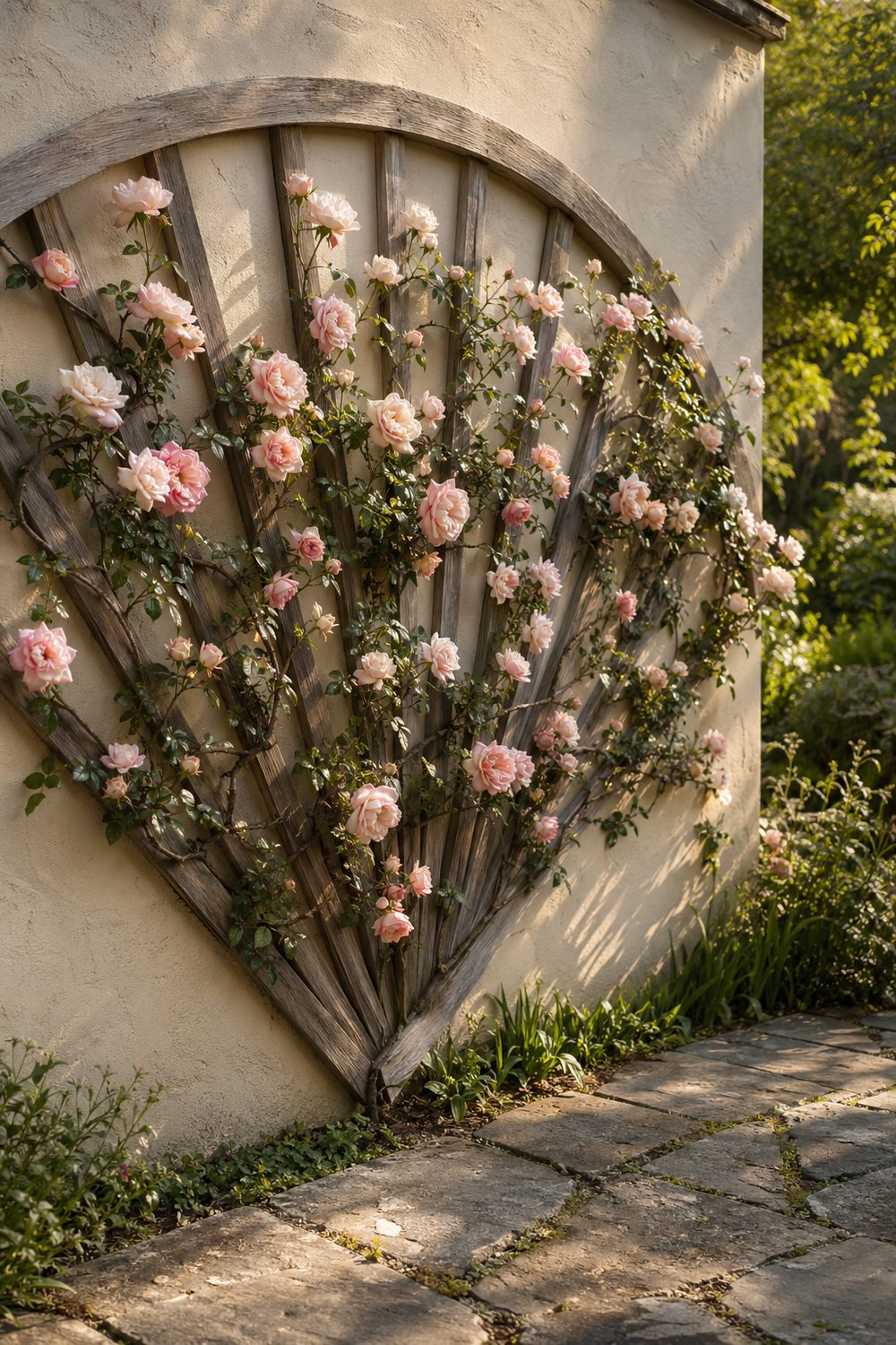 Wooden fan trellis with pink climbing rose canes spread across the slats, mounted on a cream stucco garden wall in warm afternoon sunlight