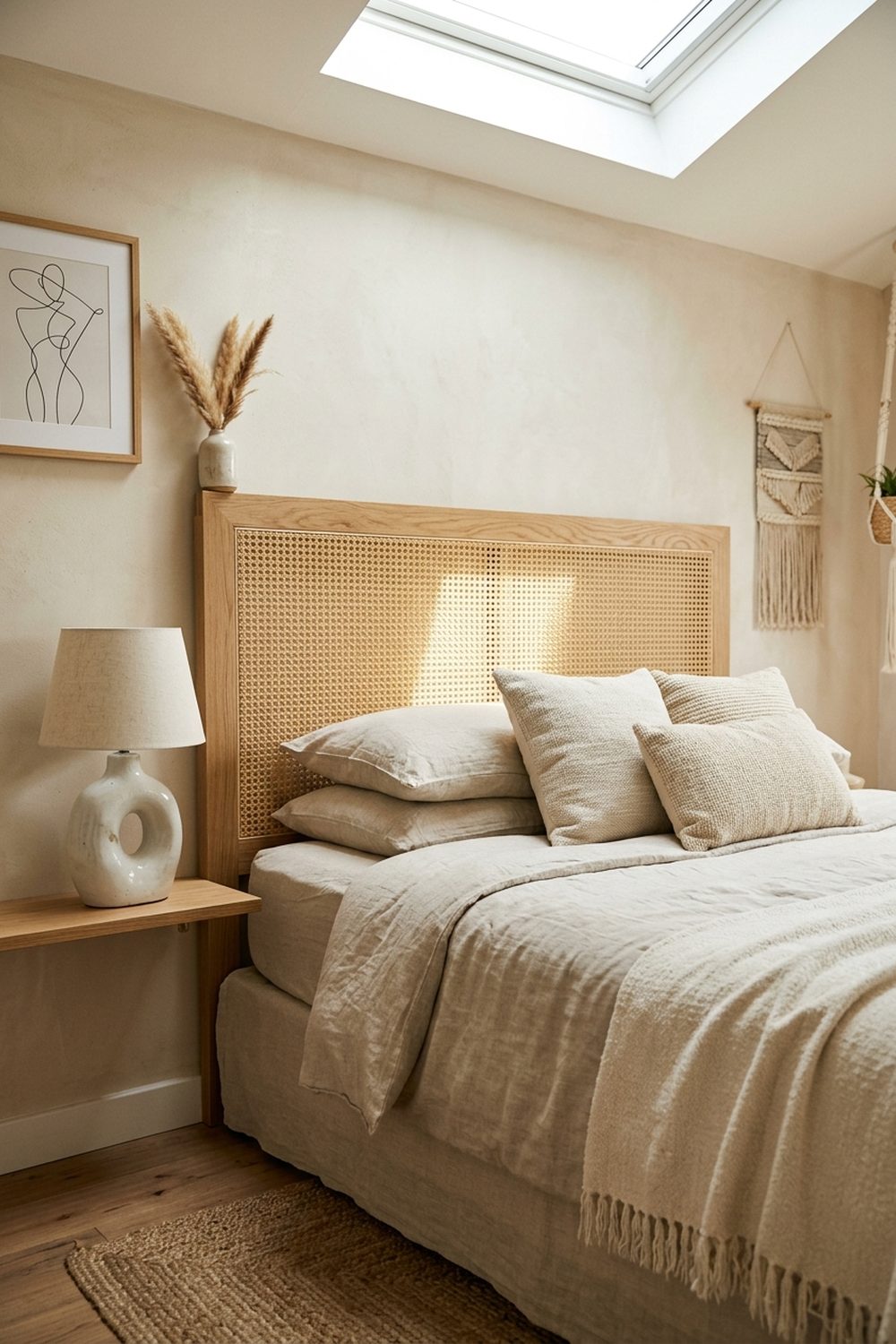 Woven cane panel headboard with oak frame and hexagonal cane webbing in a light airy bohemian bedroom with neutral bedding