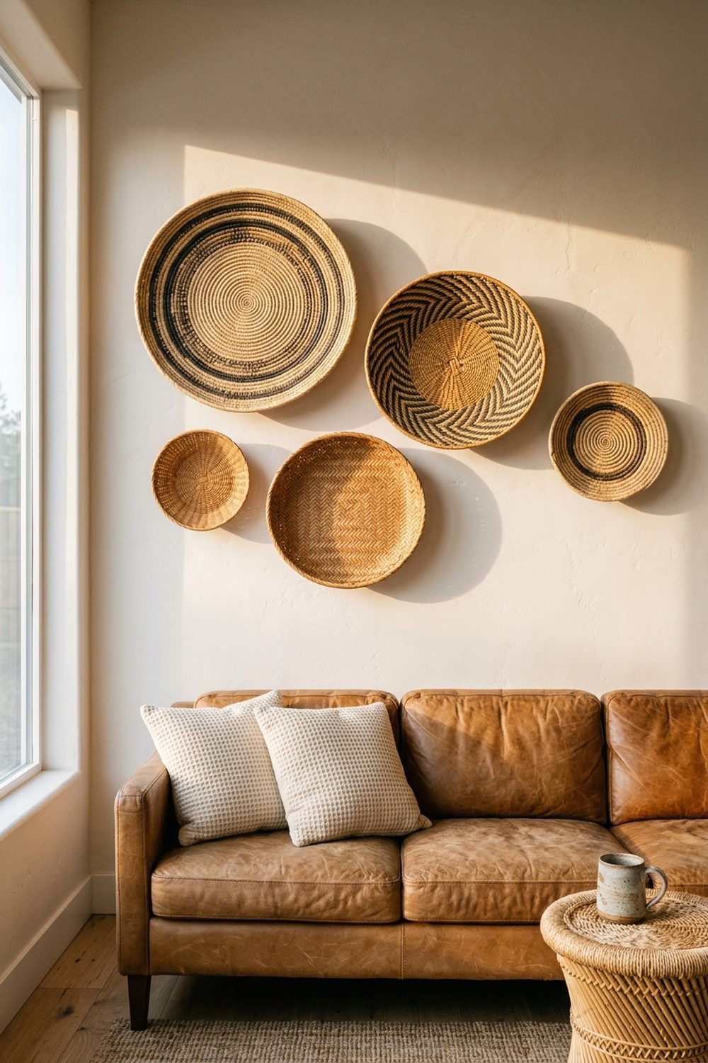 Asymmetrical wall display of five flat woven rattan baskets in varying sizes and natural straw colors hung above a tan leather sofa in a textural neutral living room
