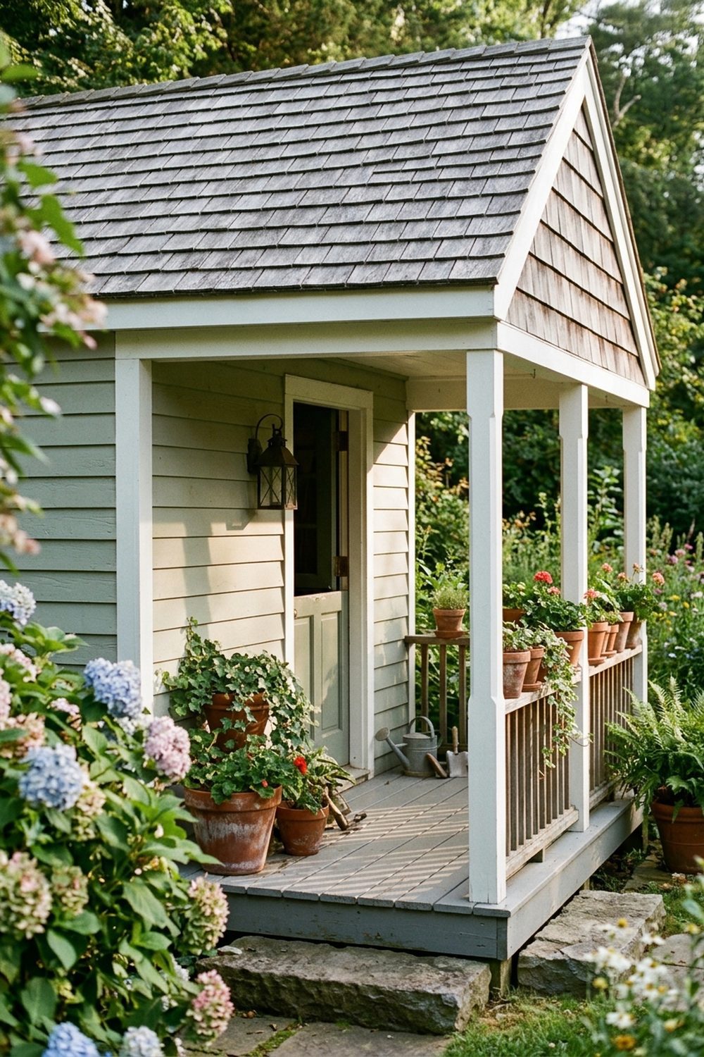 Sage green farmhouse garden shed with a wraparound porch, cedar shingle roof, tapered white posts and terracotta pots on the rail