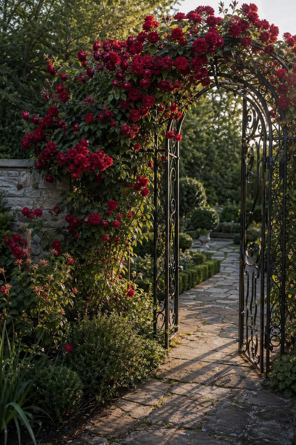 Wrought iron rose trellis arch covered in red climbing roses framing a flagstone garden path, formal landscaping in warm afternoon light