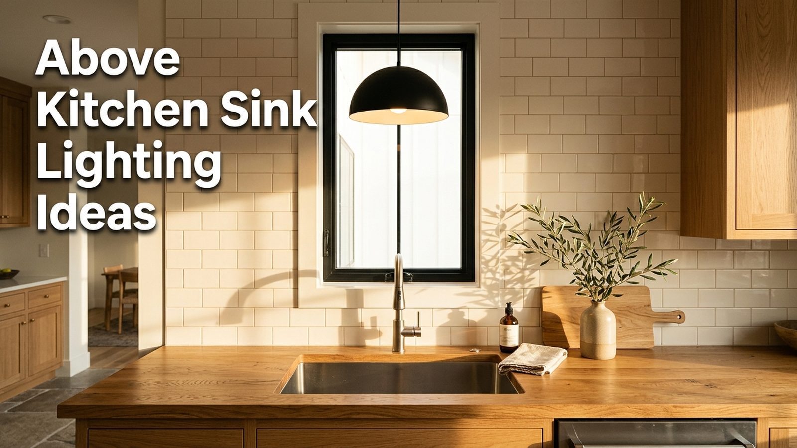 Modern kitchen sink with a single matte black pendant light hung above an undermount sink, oak butcher block counter and cream subway backsplash