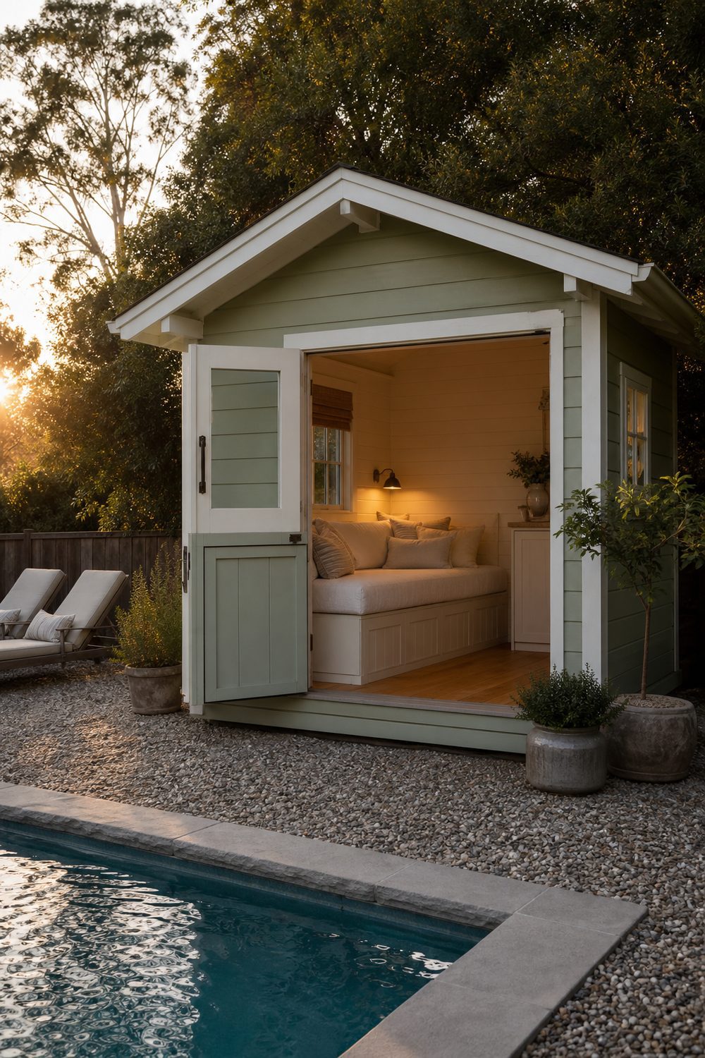 Soft sage green she shed style pool cabana with white shiplap trim, peaked roof, Dutch door open to cream daybed and reading lamp, gravel groundcover beside small pool