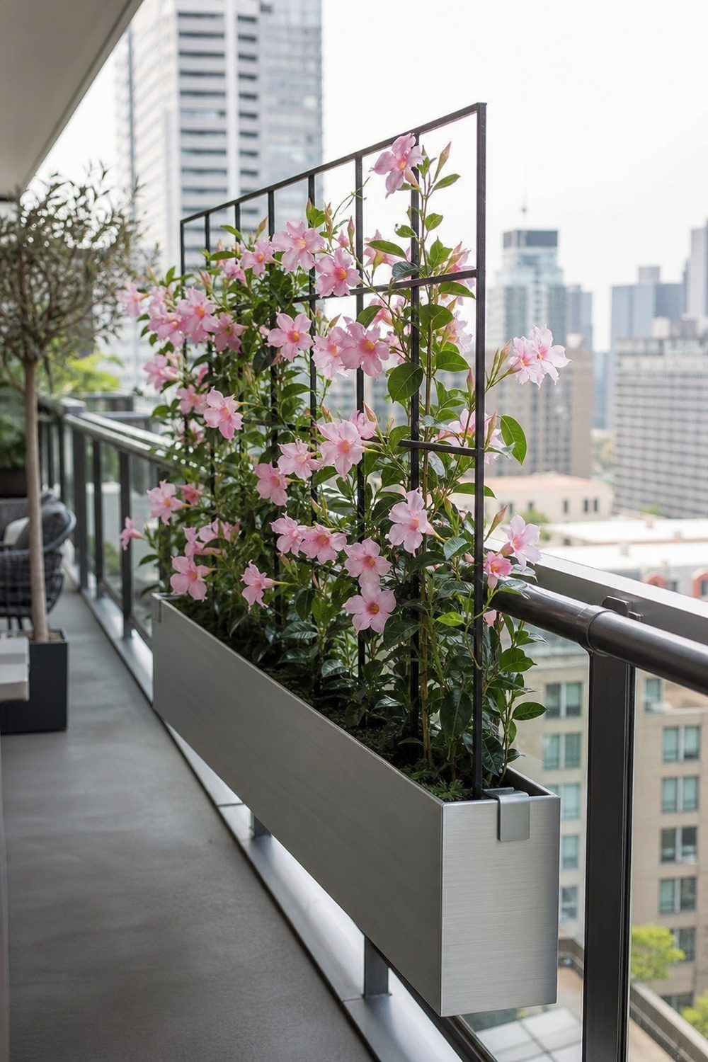 Slim aluminum balcony railing trellis planter box with pink mandevilla vines and a city skyline behind