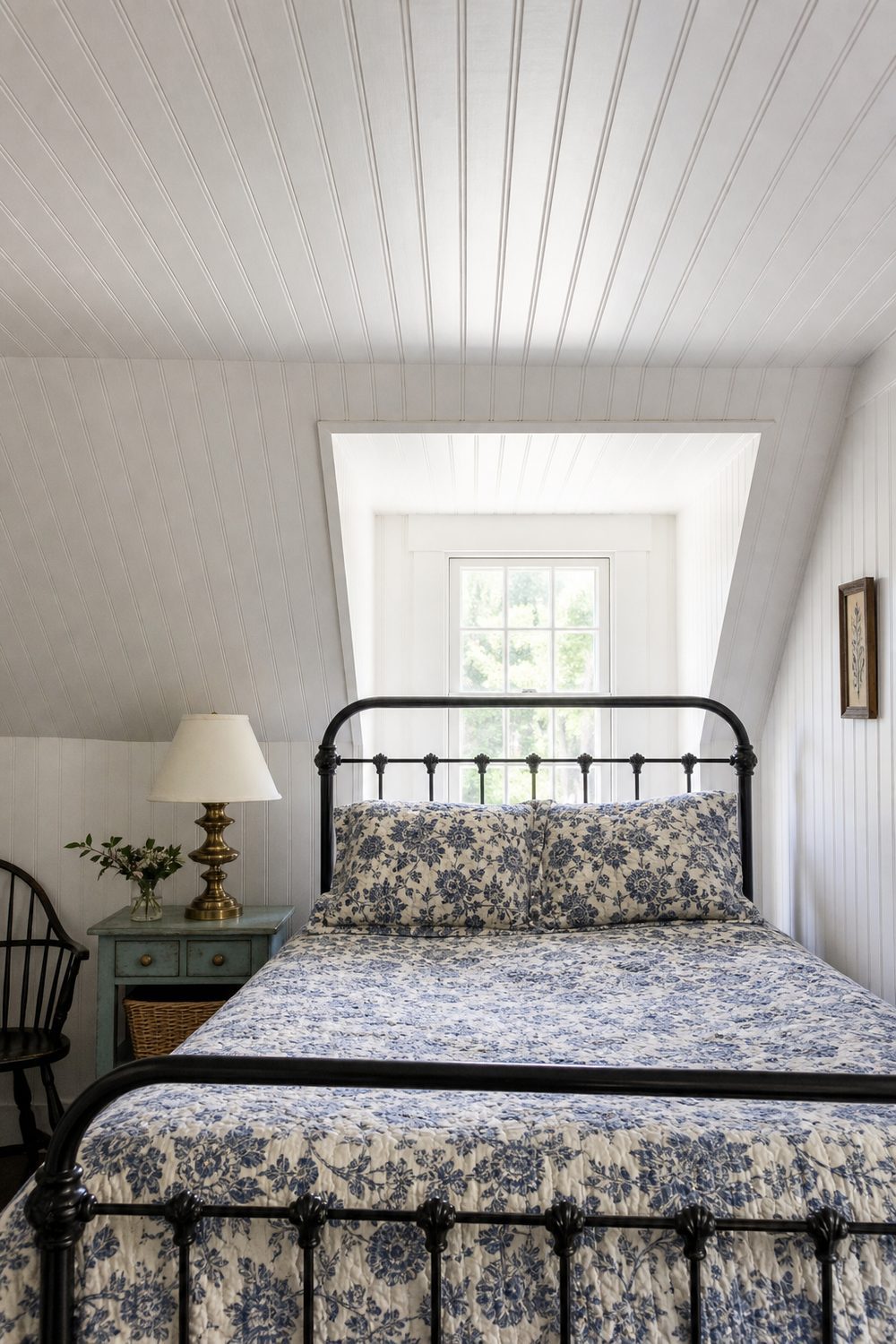 White painted beadboard ceiling in a cottage bedroom with a vintage iron bed, blue and white floral quilt, and small dormer window