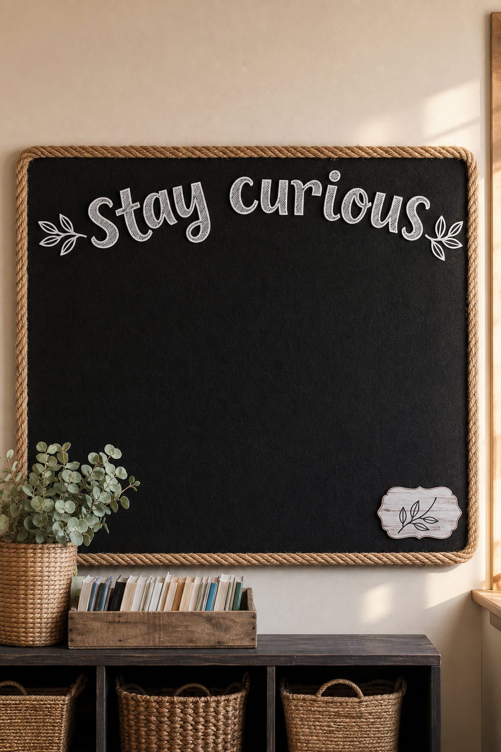 Farmhouse style classroom bulletin board with black felt backing, white chalk-style lettering, jute trim border, and small wood label sign, warm afternoon light from the right