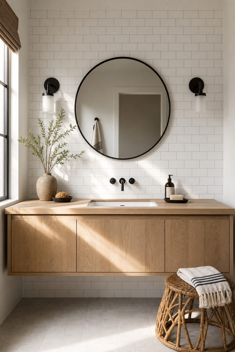 Black and white cabana bath with white subway tile wall, matte black framed round mirror, light oak floating vanity, matte black wall faucet, woven rattan stool with striped towel