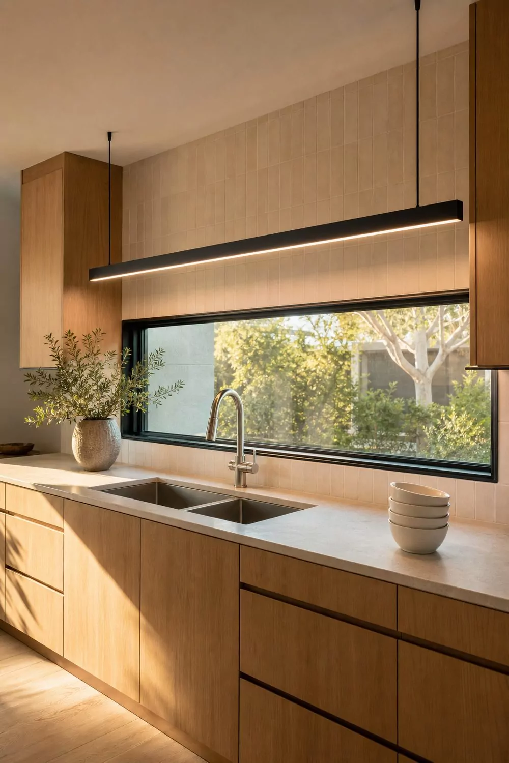 Long matte black linear pendant bar above a wide double-bowl kitchen sink, sleek modern kitchen with light counters and reflective tile