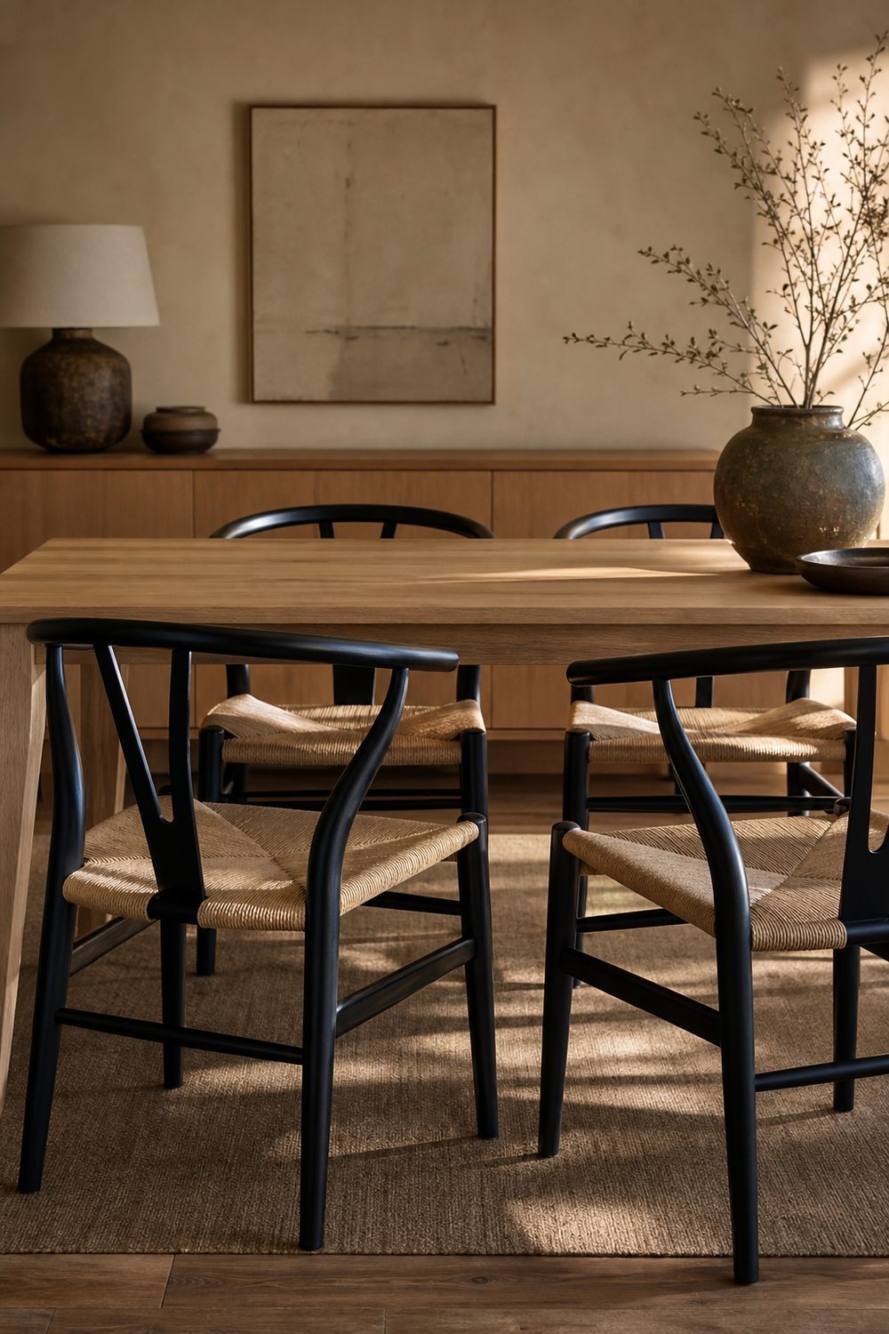 Matte black wishbone style dining chairs with woven paper cord seats around a pale oak dining table in a Japandi dining room, warm cream wall behind