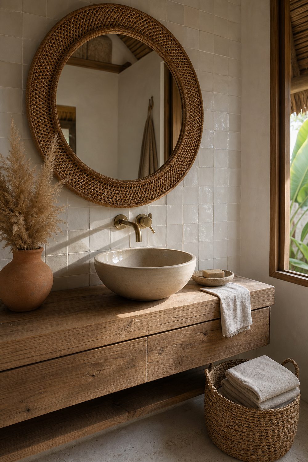 Boho pool cabana bathroom with large round rattan-framed mirror, salvaged oak floating vanity, white zellige tile wall, hand-thrown ceramic basin, brushed brass faucet, pampas grass