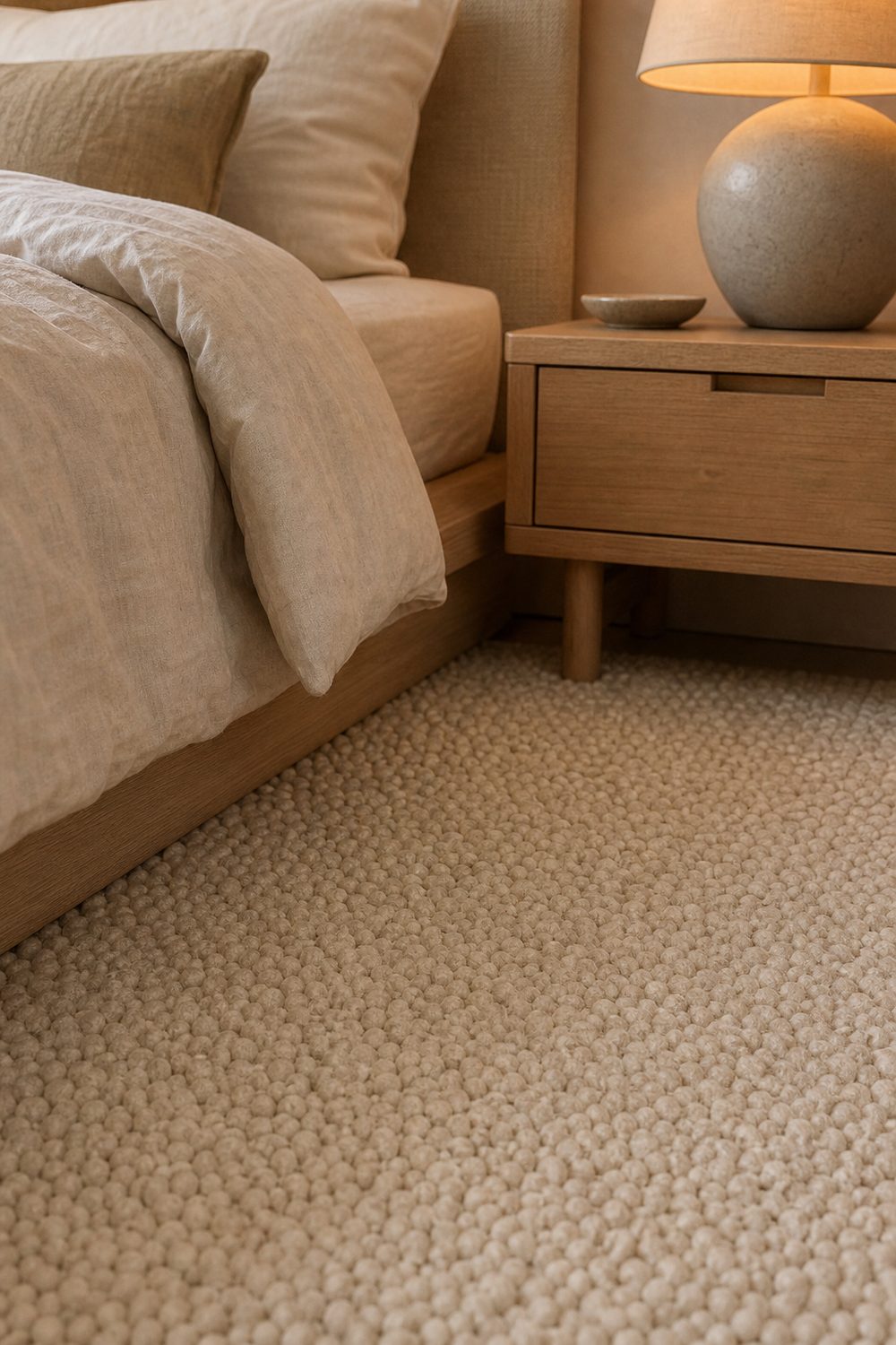 Dense ivory boucle Japandi bedroom rug beside a low linen dressed bed and a pale oak nightstand with ceramic lamp