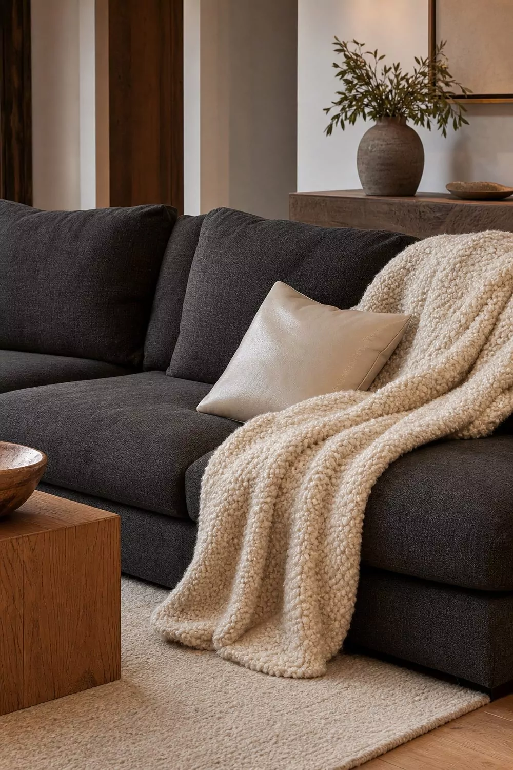 Chunky cream boucle wool throw blanket draped over the corner of a deep charcoal grey sectional sofa with a smooth ivory leather pillow on white oak flooring