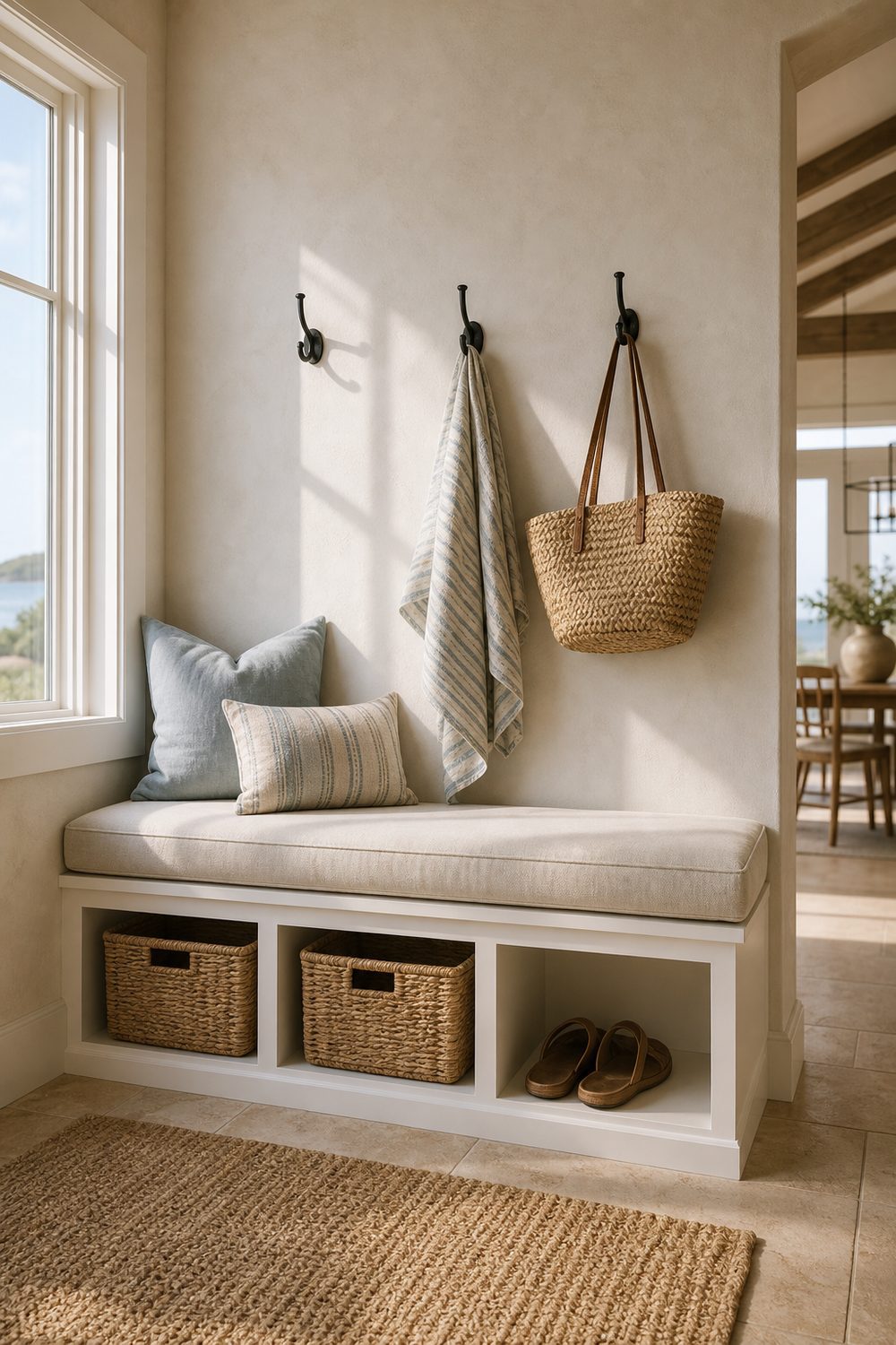 Built in white painted bench with three open storage cubbies holding seagrass baskets and worn leather sandals, cream linen cushion, and matte black coat hooks above in a coastal entryway