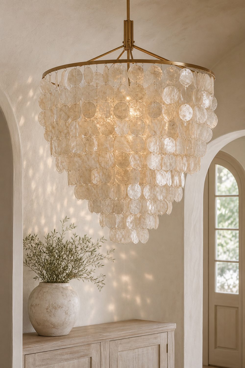 Cascading capiz shell chandelier with translucent pale discs and warm brass armature catching morning light in a coastal entryway above a whitewashed console with a vase of olive branches