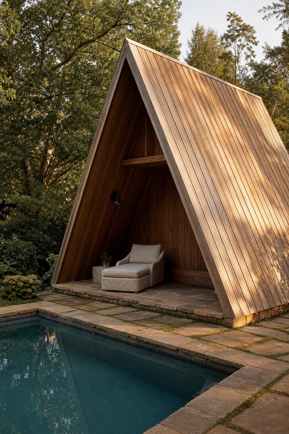 Cedar plank A frame small pool cabana with steep amber cedar roof, woven rattan lounge chair on raised flagstone foundation beside a tile-edged pool, warm afternoon light