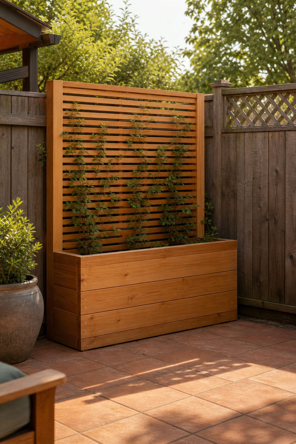 Cedar privacy trellis planter box with slatted wood screen and green climbers on a terracotta tile patio