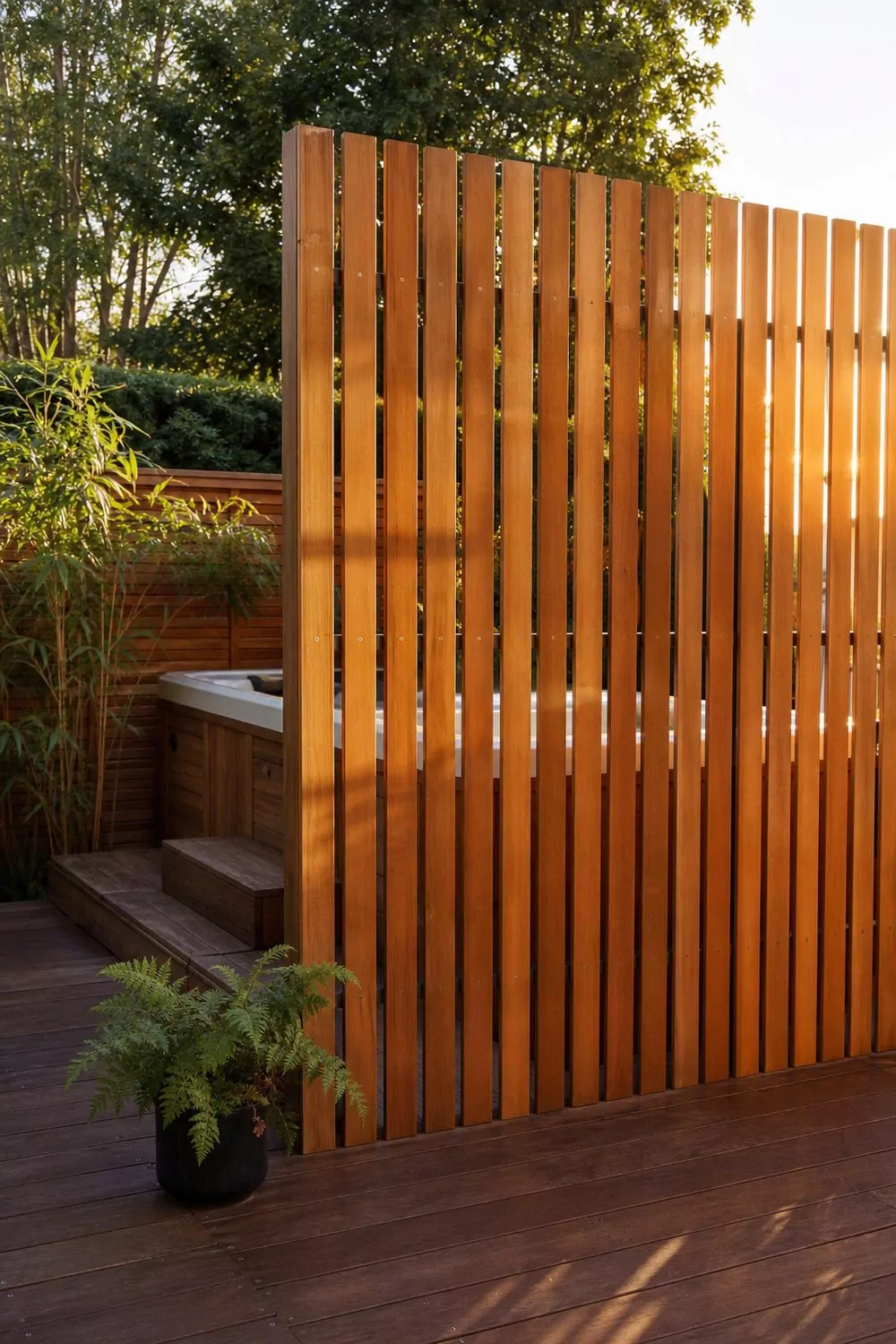 Tall cedar slat privacy wooden trellis panel beside a stained ipe deck, warm afternoon sunlight, soft green fern, brushed stainless fasteners