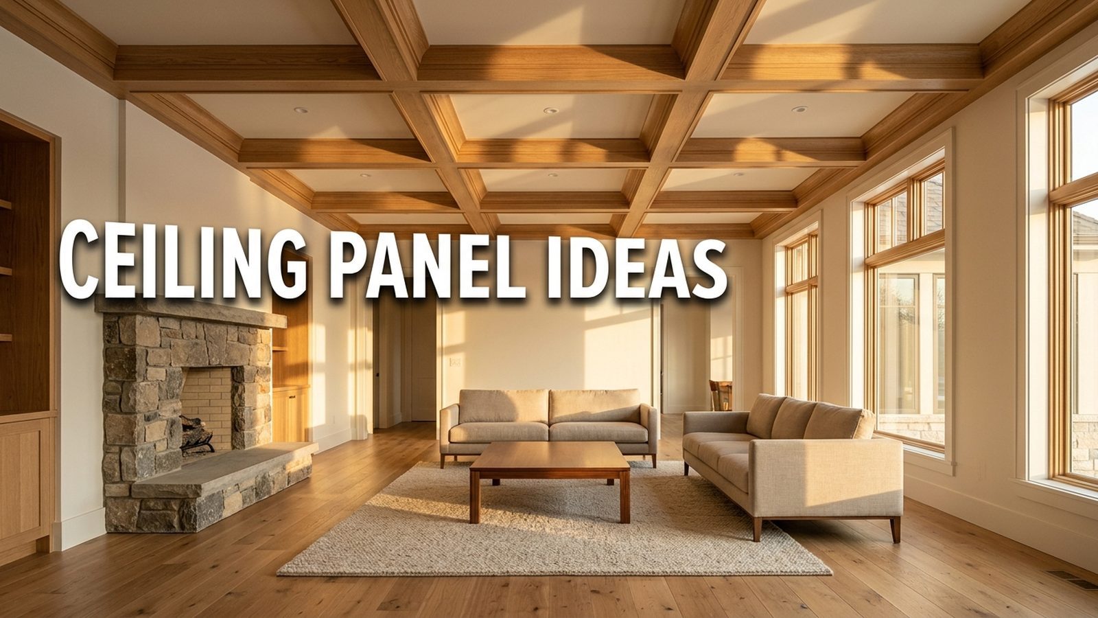Wide modern living room with a coffered wood ceiling in warm oak frames and cream insets, low neutral linen sofas, walnut coffee table, fieldstone fireplace, and warm golden hour light